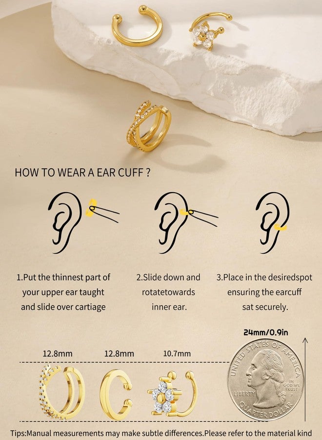 Carffordo 3Pcs Ear Cuffs Non Piercing for Women - Trendy 14K Gold Plated Cuffs Earrings with Cubic Zirconia - Dainty Clip On Cartilage Earring Flower Jewelry - Image 5